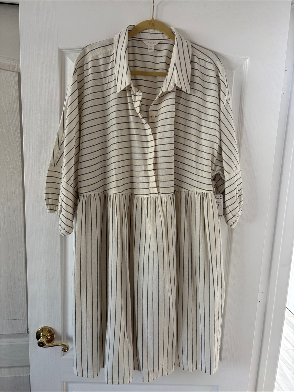 NWT Caslon Linen/Rayon Cream with Dark Gray Stripe Shirt Dress 3X